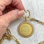 Gold Shield Coin Necklace, Multi-Link Chain, Textured Bezel