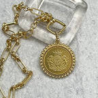 Gold Shield Coin Necklace, Multi-Link Chain, Textured Bezel