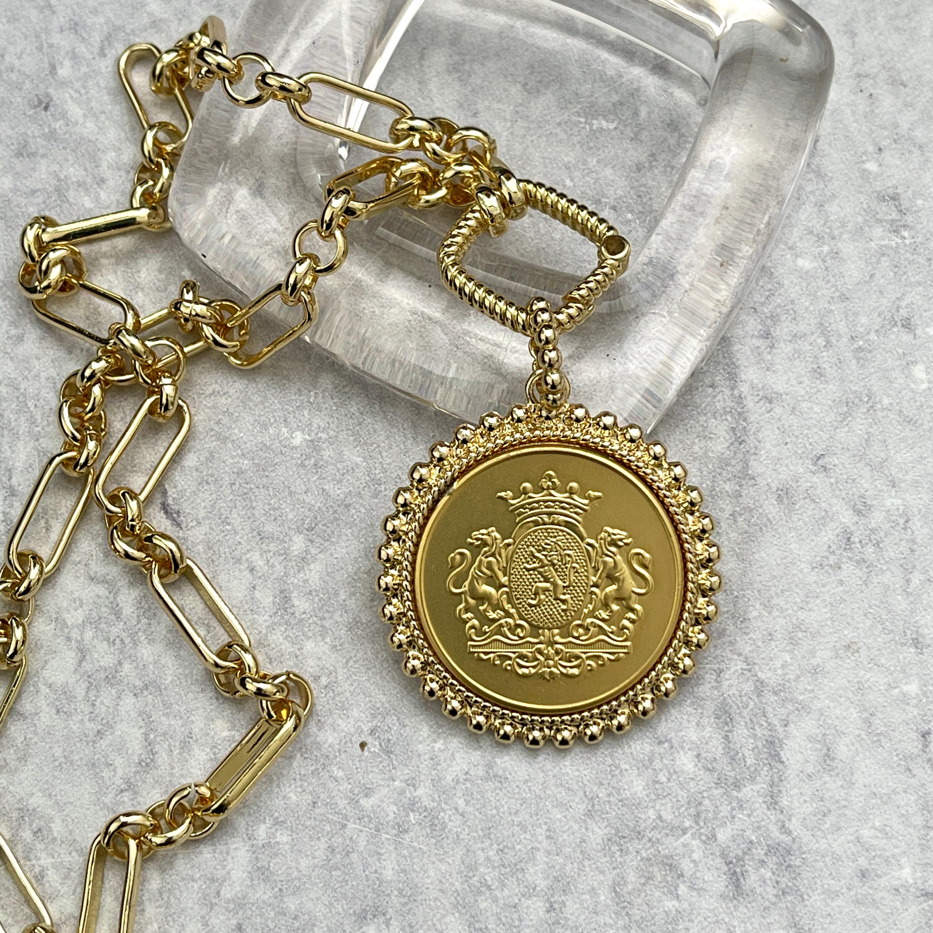 Gold Shield Coin Necklace, Multi-Link Chain, Textured Bezel