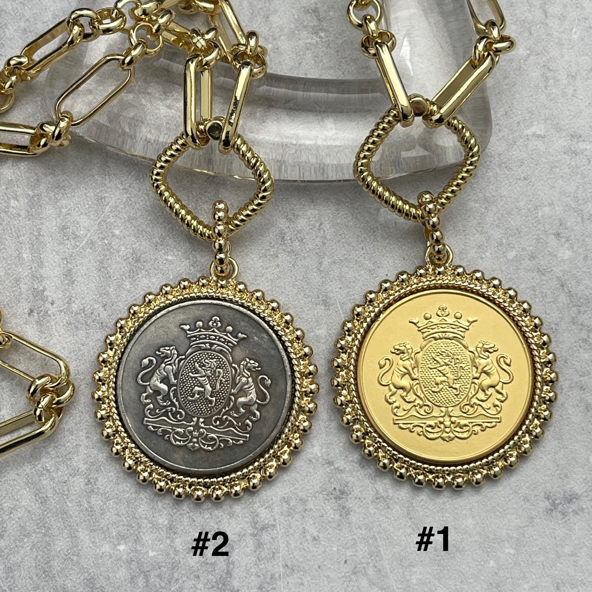 Gold Shield Coin Necklace, Multi-Link Chain, Textured Bezel