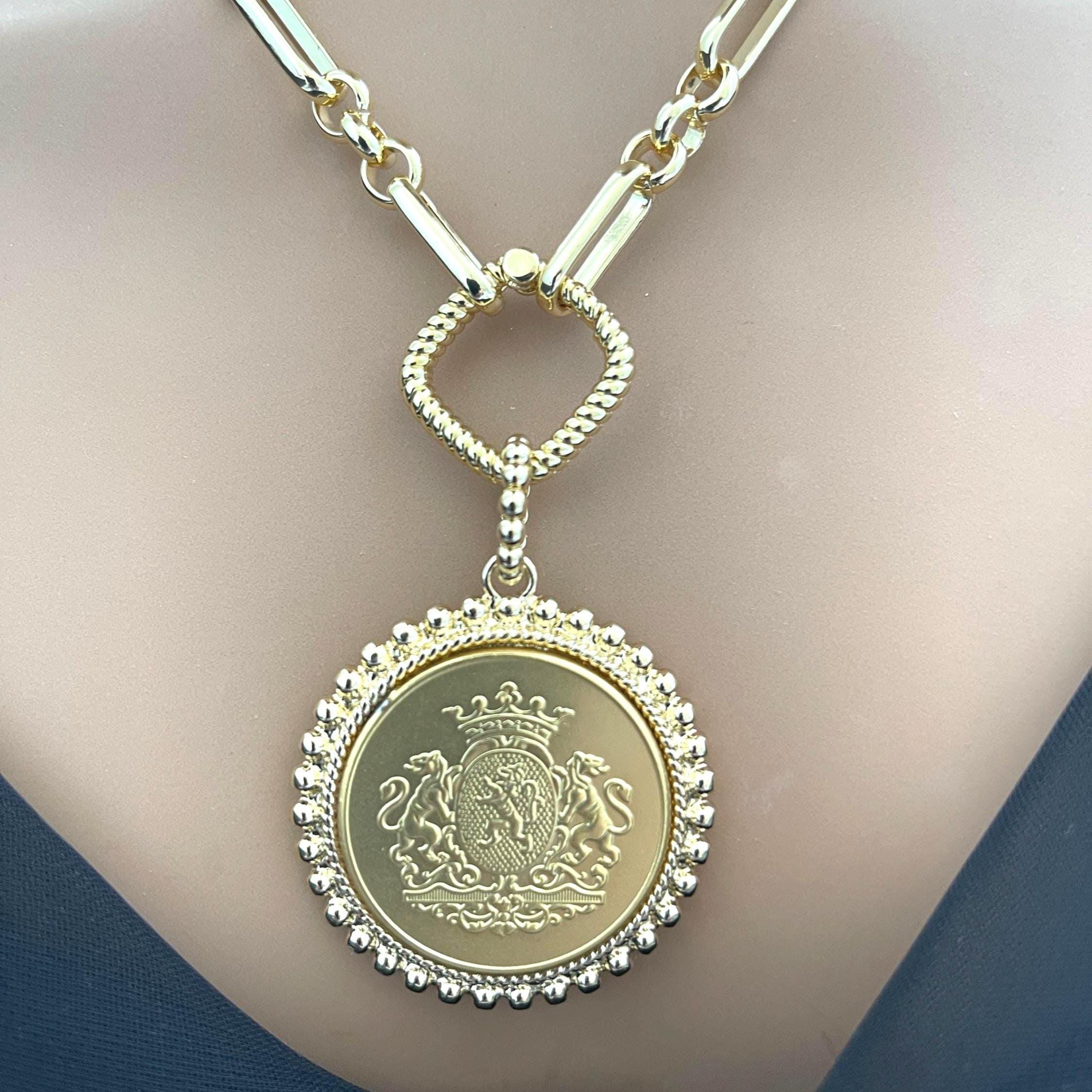 Shield Coin Necklace-Gold Multi-Link Chain-Choice of Gold or Silver Pendant-Textured Bezel-Rope Design Spring Lock Clasp-Gift for Her
