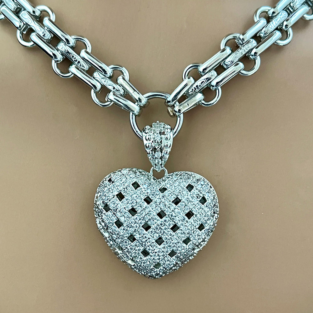 Silver Chunky Heart Necklace – Multi Link Chain with a Trellis Design & Micro Pave Pendant-Gift For Her