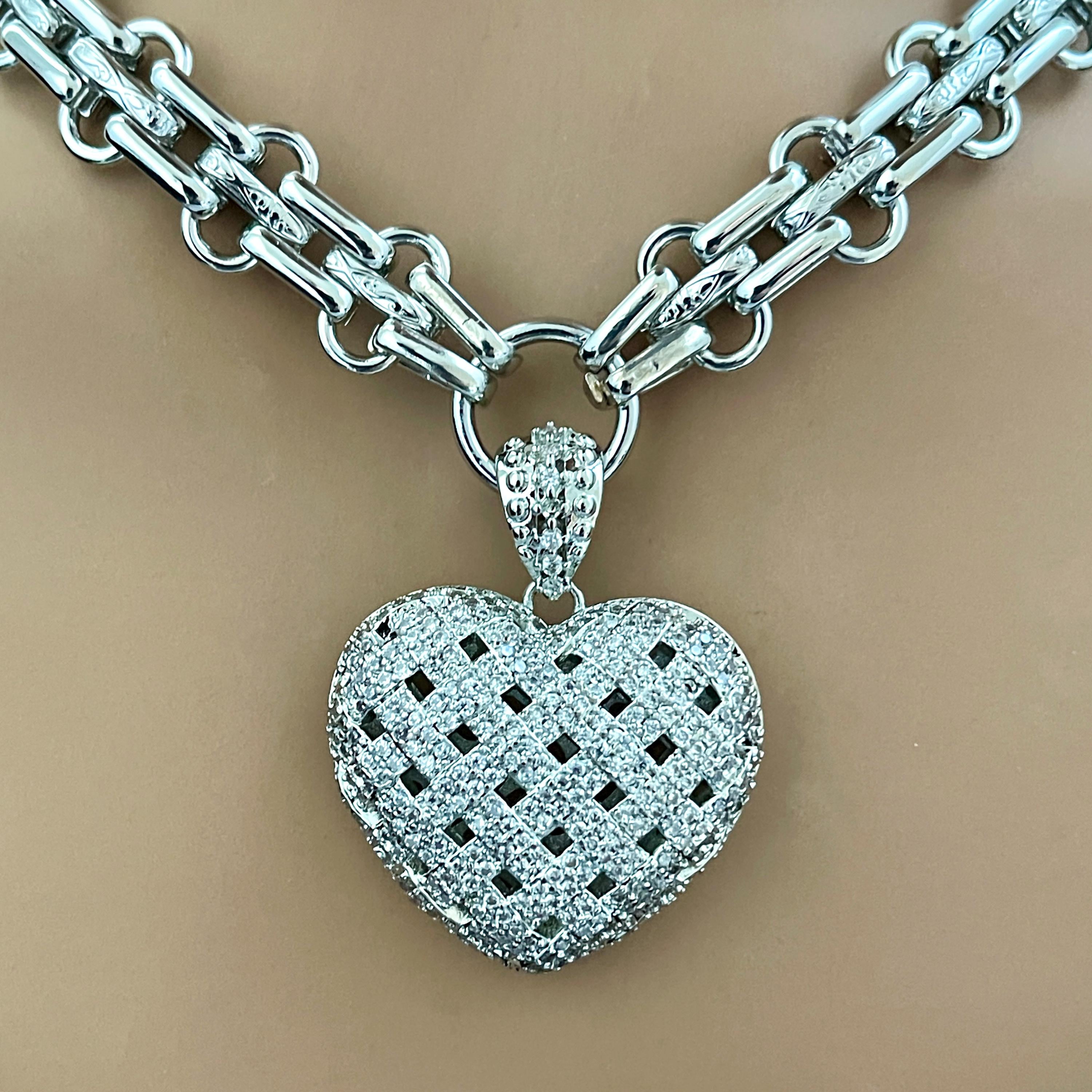 Silver Chunky Heart Necklace – Multi Link Chain with a Trellis Design & Micro Pave Pendant-Gift For Her