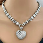 Silver Chunky Heart Necklace – Multi Link Chain with a Trellis Design & Micro Pave Pendant-Gift For Her