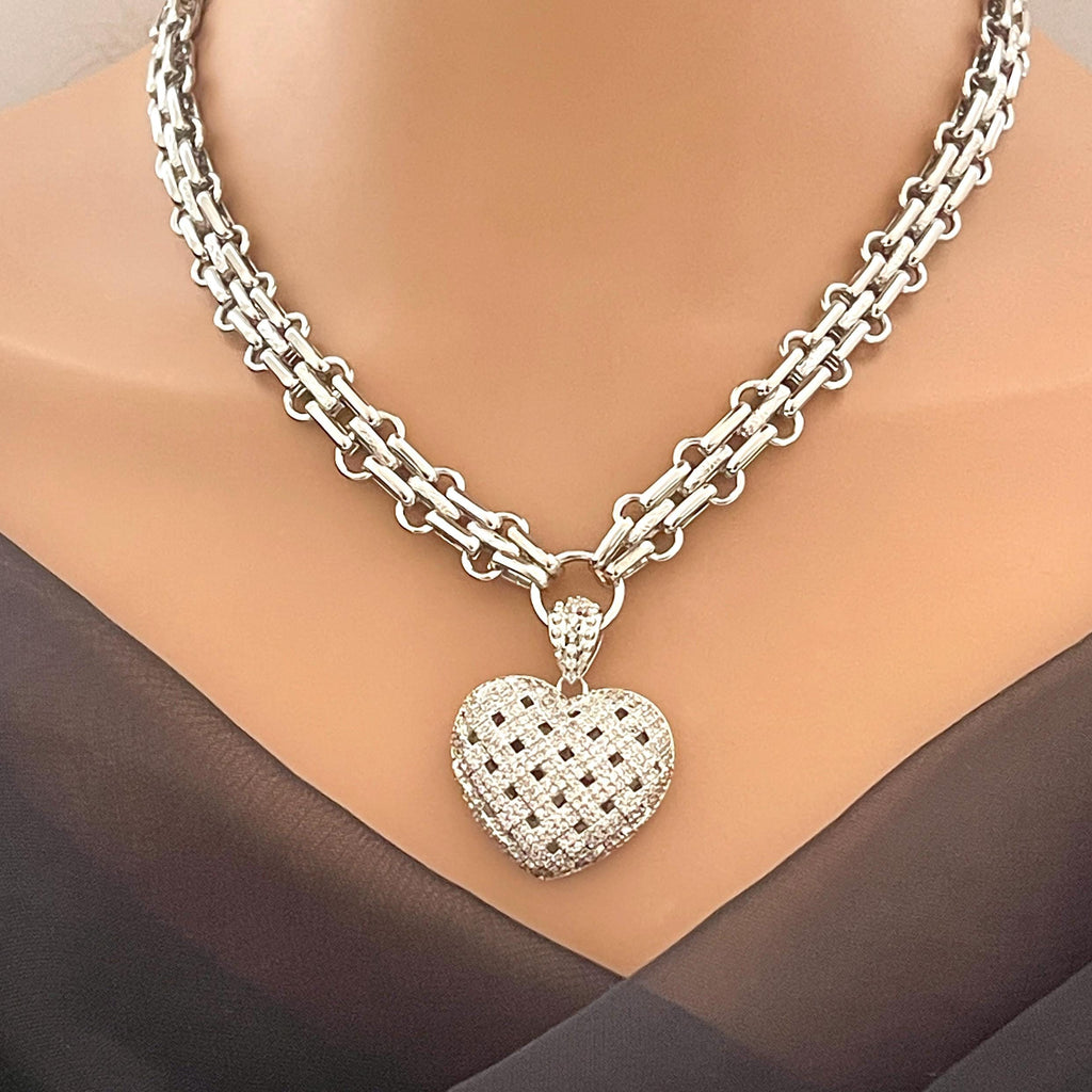 Silver Chunky Heart Necklace – Multi Link Chain with a Trellis Design & Micro Pave Pendant-Gift For Her