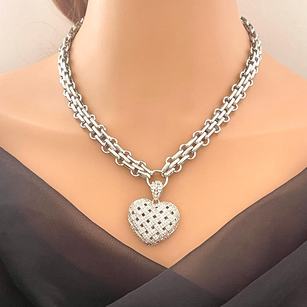 Silver Chunky Heart Necklace – Multi Link Chain with a Trellis Design & Micro Pave Pendant-Gift For Her