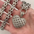 Silver Chunky Heart Necklace – Multi Link Chain with a Trellis Design & Micro Pave Pendant-Gift For Her