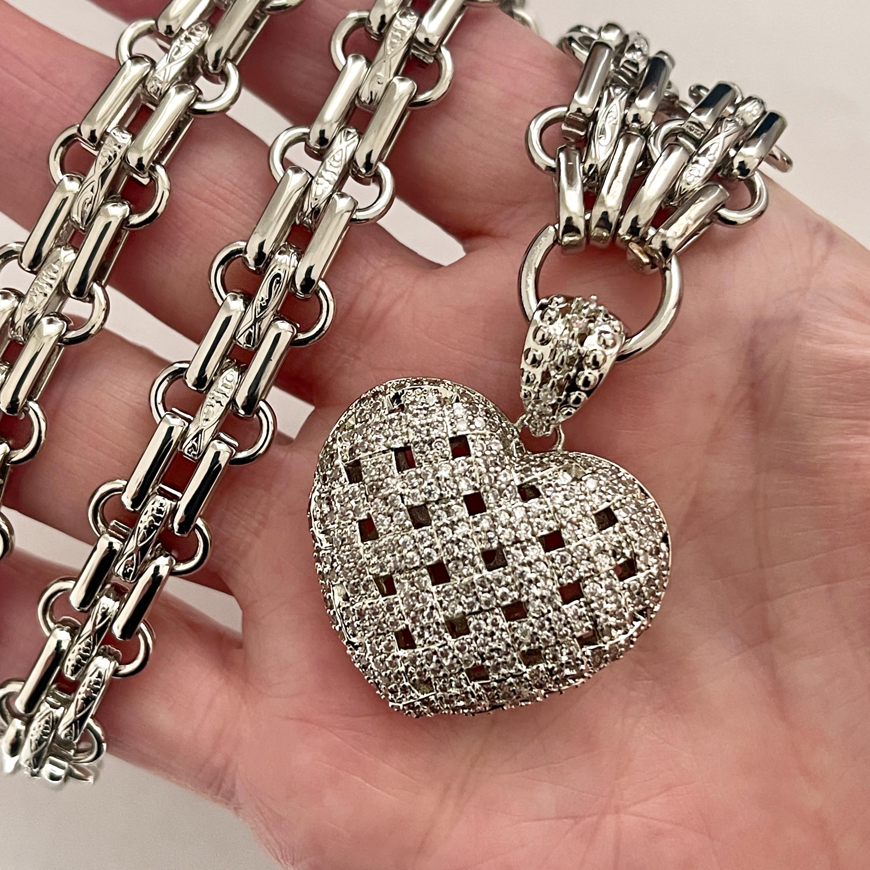 Silver Chunky Heart Necklace – Multi Link Chain with a Trellis Design & Micro Pave Pendant-Gift For Her