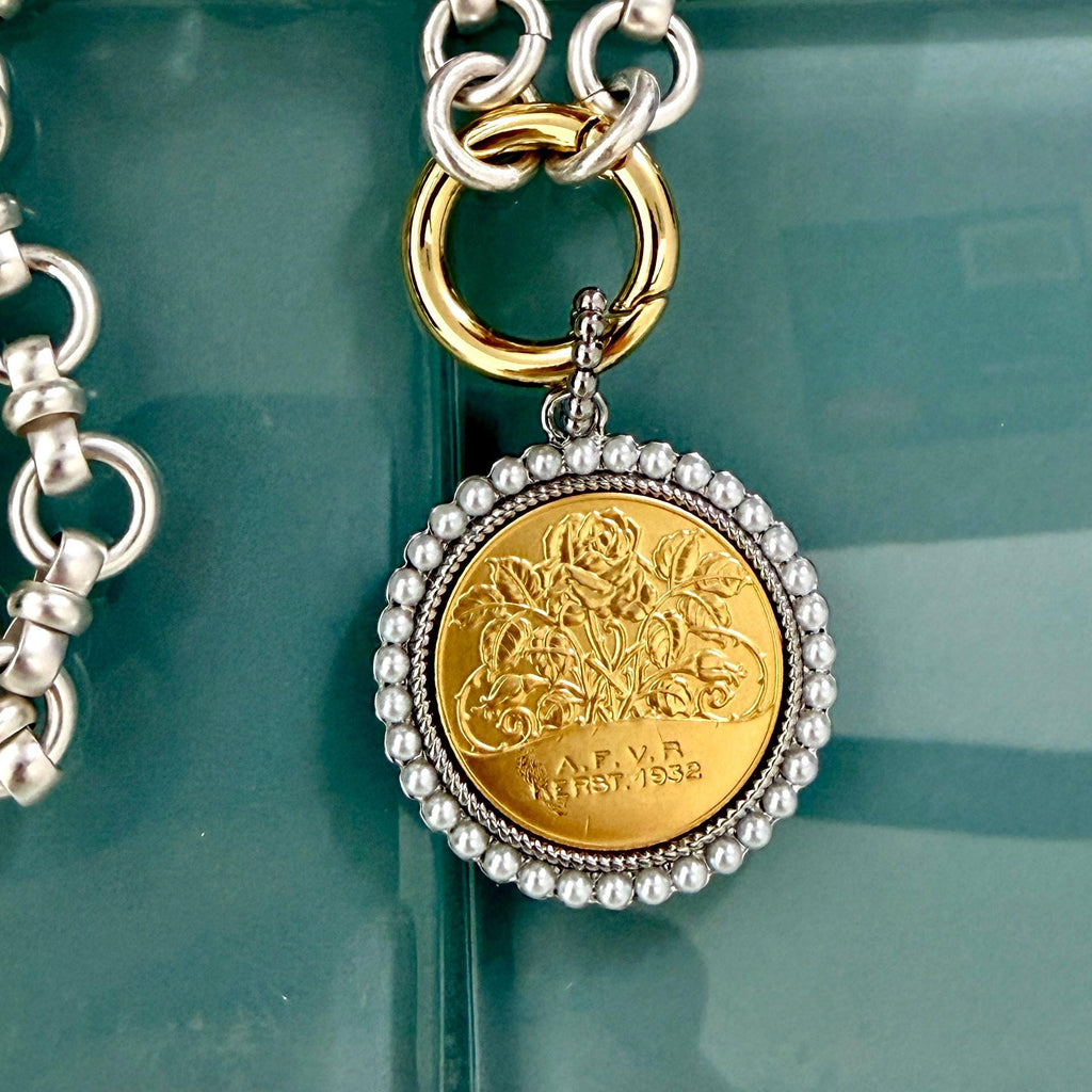 Chunky Matte Silver Chain Necklace - Rose Coin Pendant, Pearl Bezel