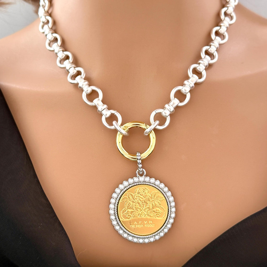Chunky Matte Silver Chain Necklace - Rose Coin Pendant, Pearl Bezel