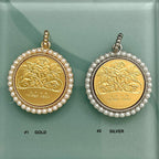 Chunky Matte Silver Chain Necklace - Rose Coin Pendant, Pearl Bezel