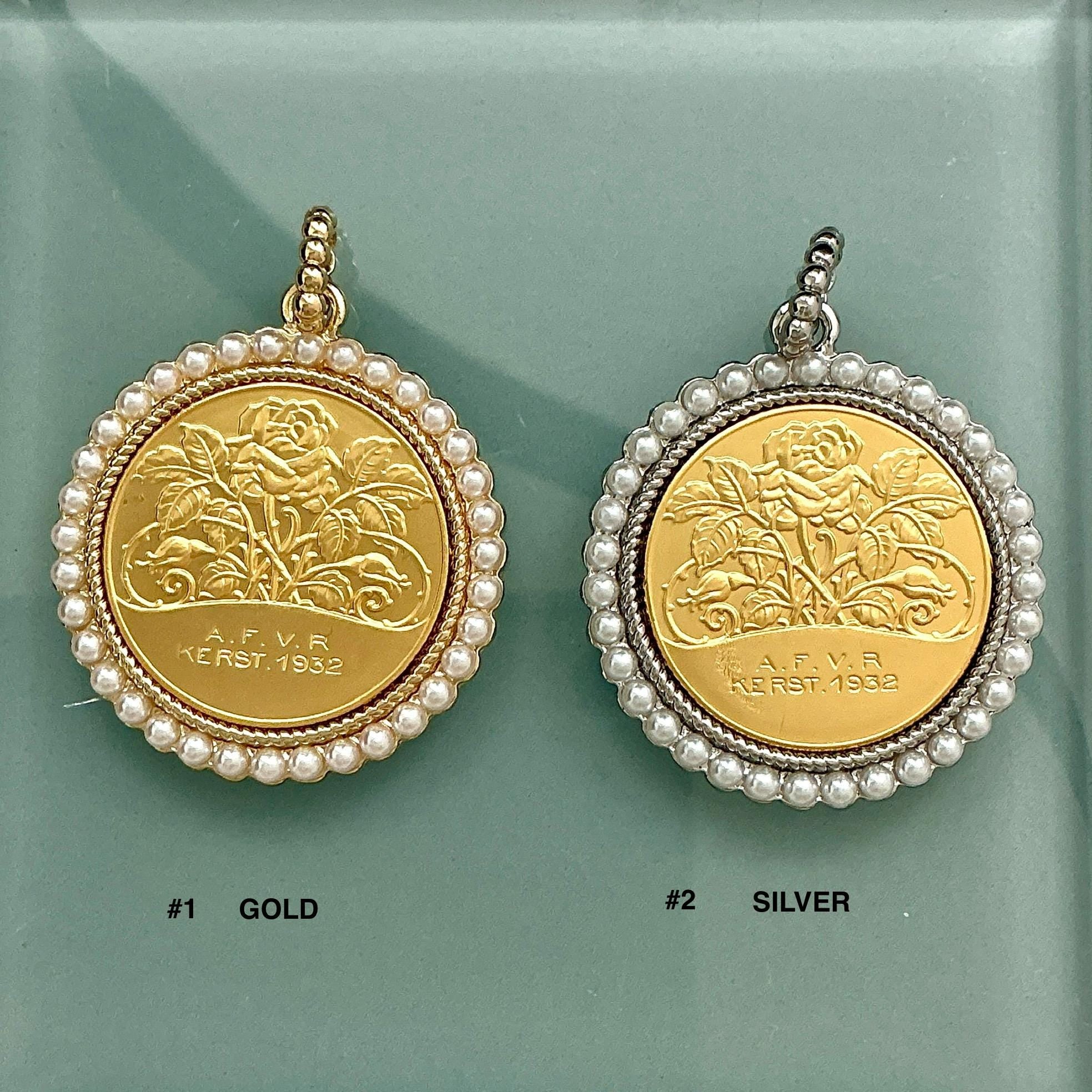 Chunky Matte Silver Chain Necklace - Rose Coin Pendant, Pearl Bezel