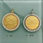 Chunky Matte Silver Chain Necklace - Rose Coin Pendant, Pearl Bezel