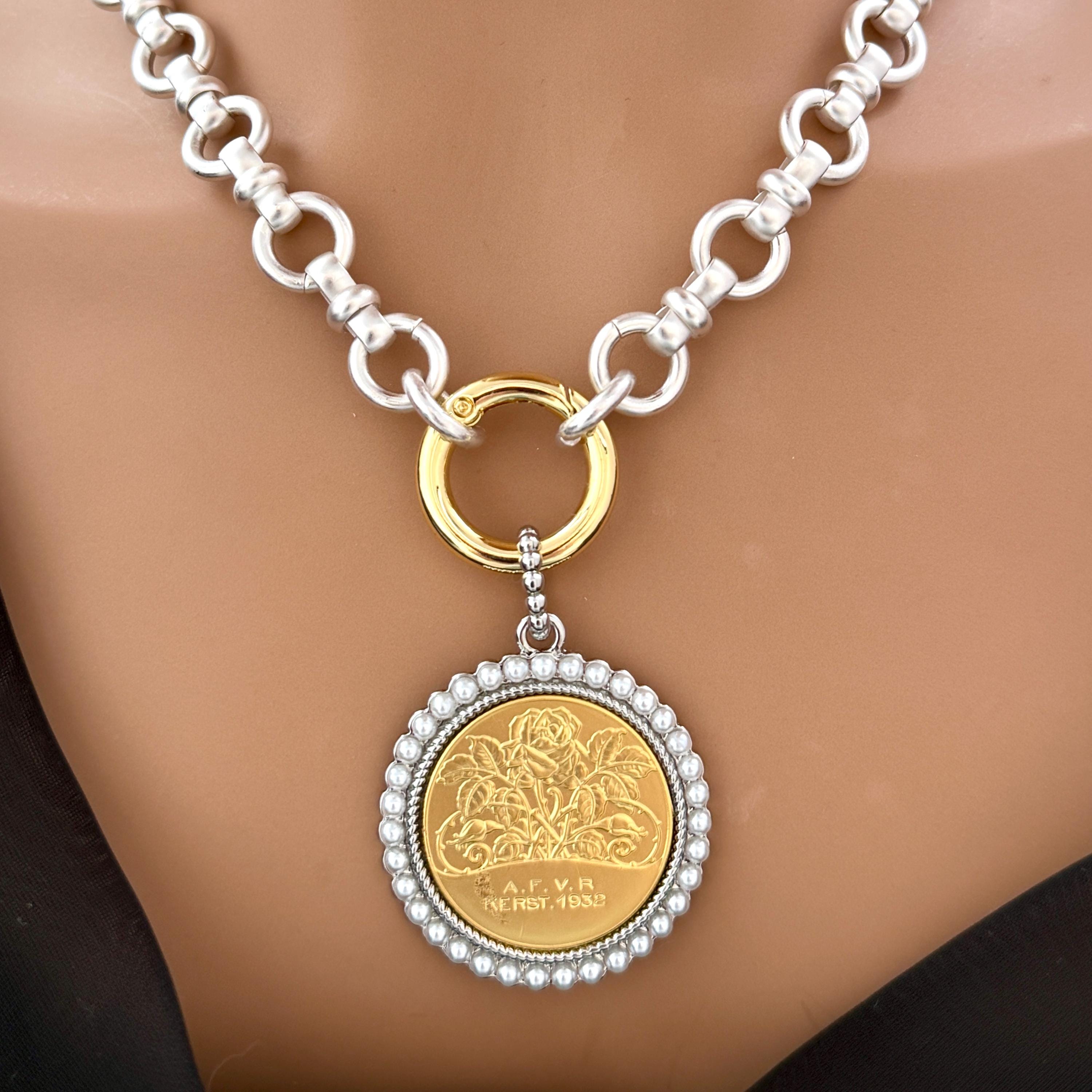 Chunky Matte Satin Silver Chain Necklace-Rose Coin Pendant with Textured Pearl Bezel-Mixed Metals-Choice Of Two Coin Pendants-Spring Clasp