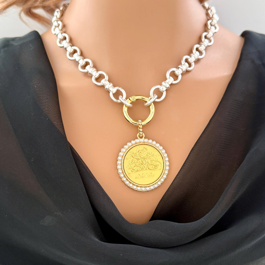 Chunky Matte Satin Silver Chain Necklace-Rose Coin Pendant with Textured Pearl Bezel-Mixed Metals-Choice Of Two Coin Pendants-Spring Clasp