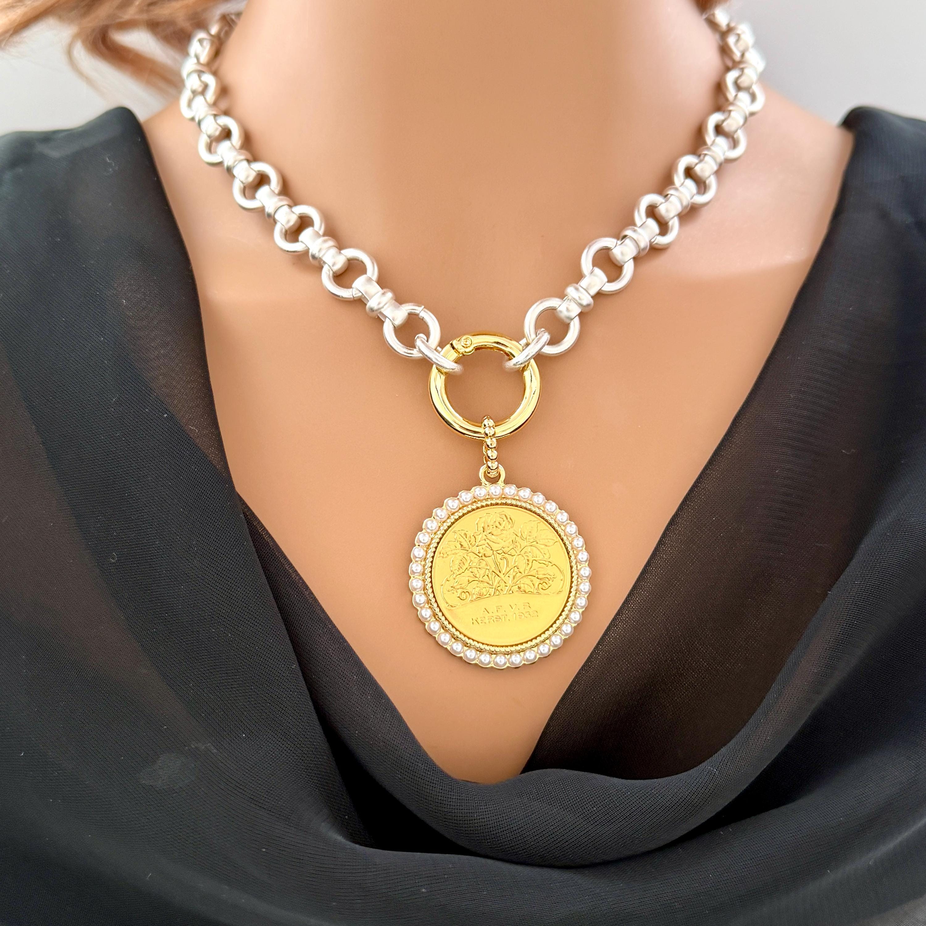 Chunky Matte Silver Chain Necklace - Rose Coin Pendant, Pearl Bezel
