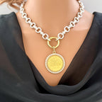 Chunky Matte Satin Silver Chain Necklace-Rose Coin Pendant with Textured Pearl Bezel-Mixed Metals-Choice Of Two Coin Pendants-Spring Clasp