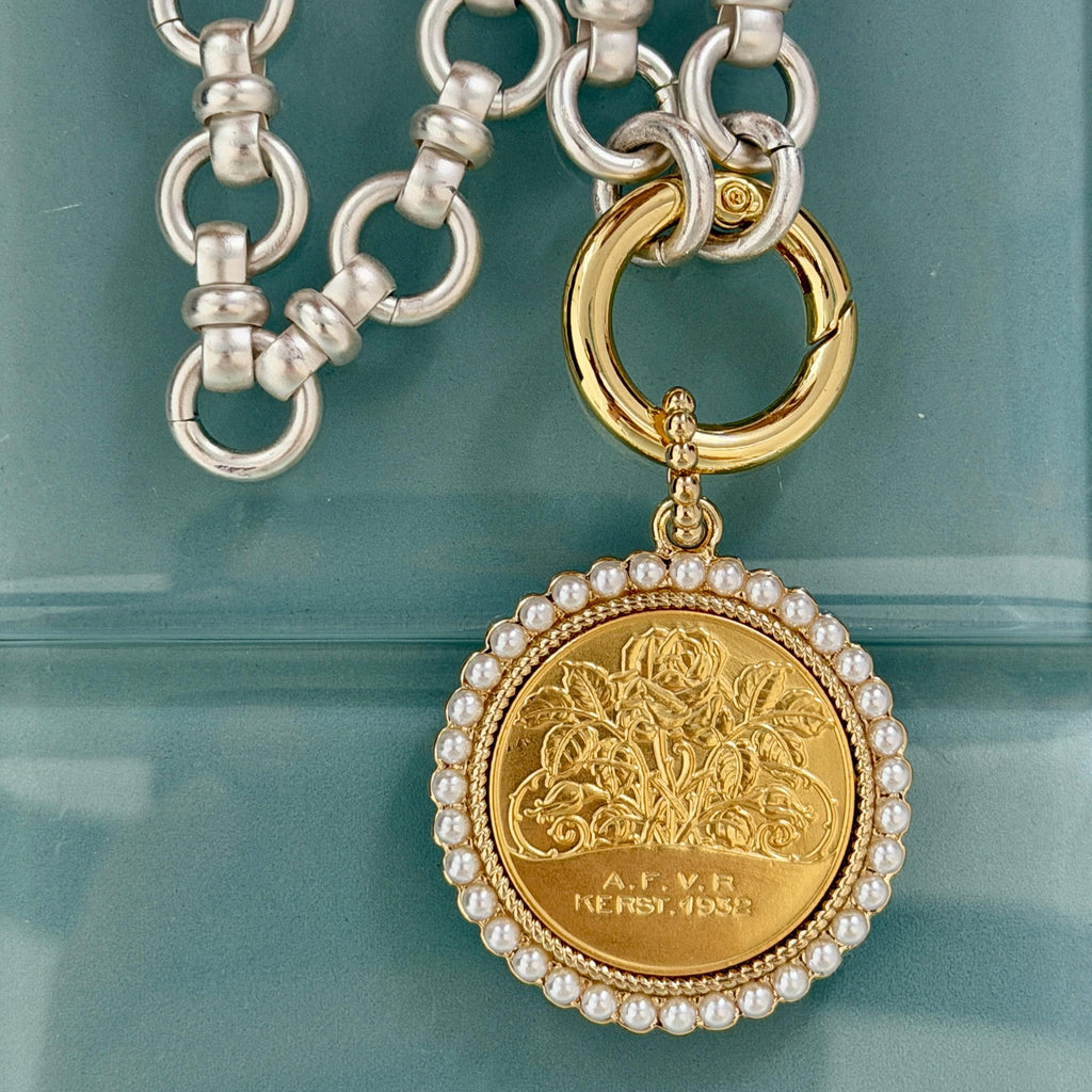 Chunky Matte Satin Silver Chain Necklace-Rose Coin Pendant with Textured Pearl Bezel-Mixed Metals-Choice Of Two Coin Pendants-Spring Clasp