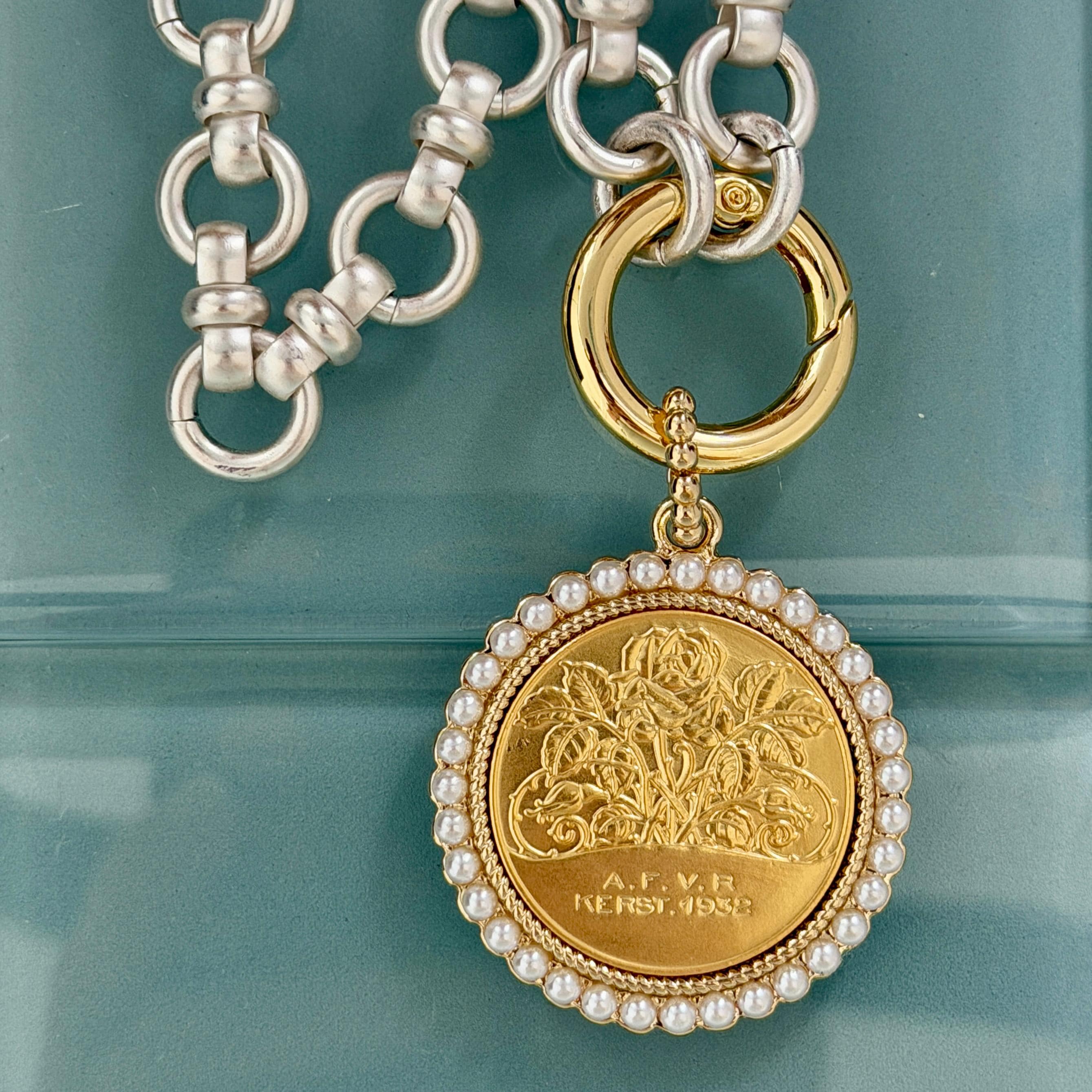 Chunky Matte Satin Silver Chain Necklace-Rose Coin Pendant with Textured Pearl Bezel-Mixed Metals-Choice Of Two Coin Pendants-Spring Clasp