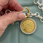 Chunky Matte Silver Chain Necklace - Rose Coin Pendant, Pearl Bezel