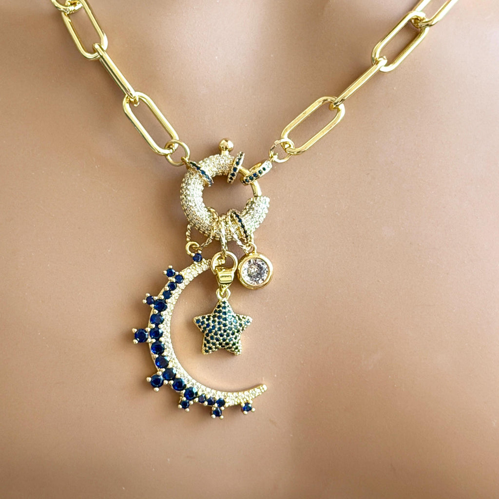 Gold Charm Necklace- CZ Mariner Clasp -Multiple Celestial Charms-Blue CZ Stones
