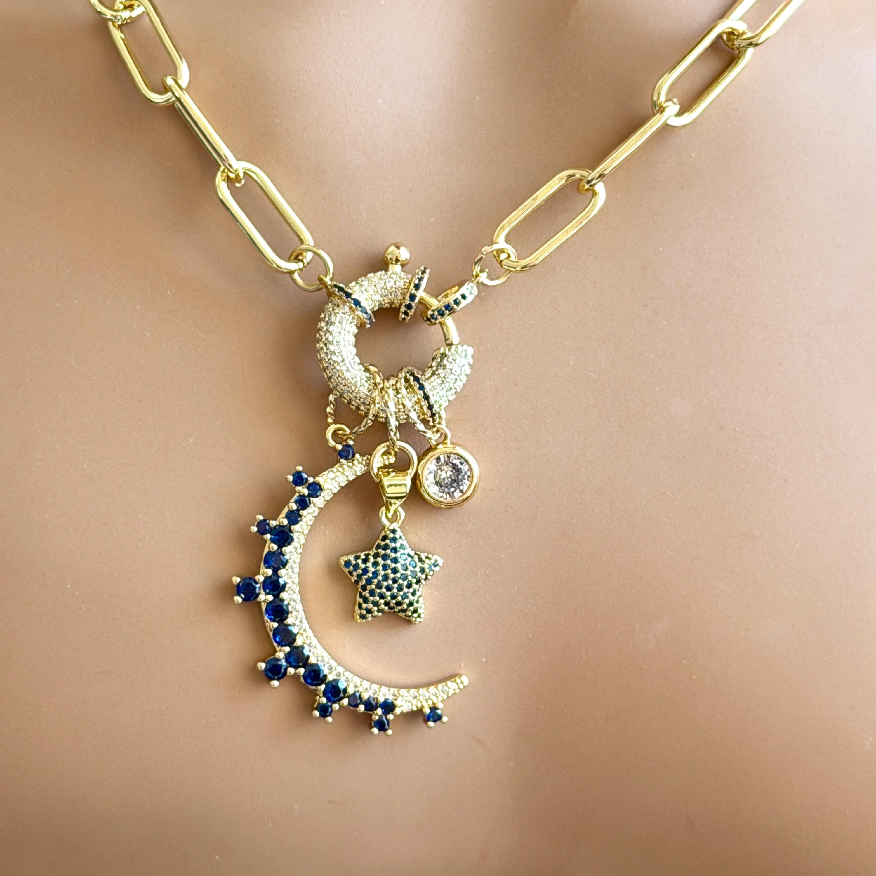 Gold Charm Necklace- CZ Mariner Clasp -Multiple Celestial Charms-Blue CZ Stones