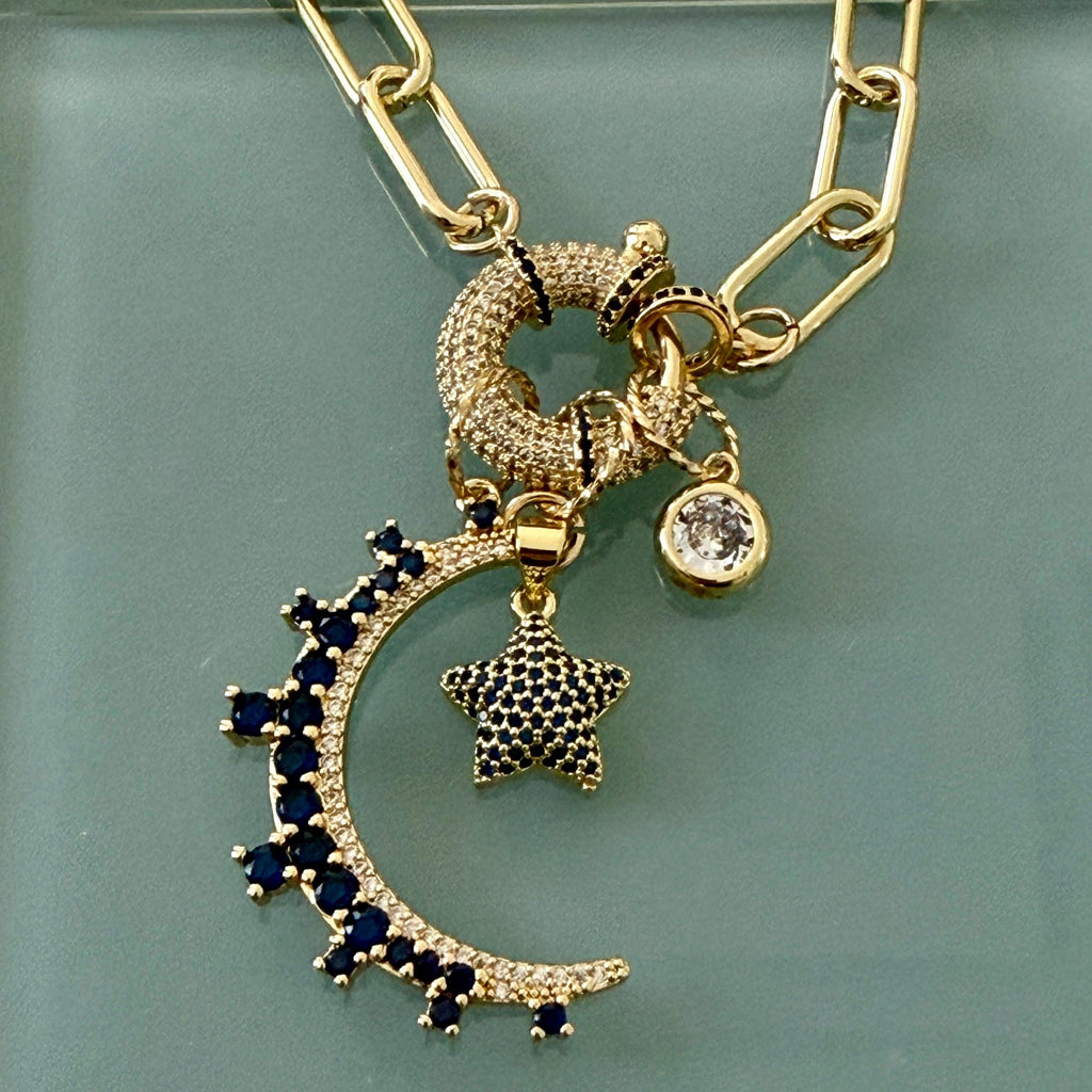 Gold Charm Necklace- CZ Mariner Clasp -Multiple Celestial Charms-Blue CZ Stones