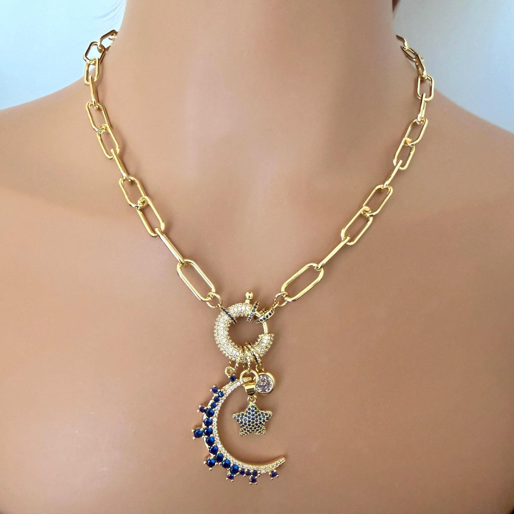 Gold Charm Necklace- CZ Mariner Clasp -Multiple Celestial Charms-Blue CZ Stones