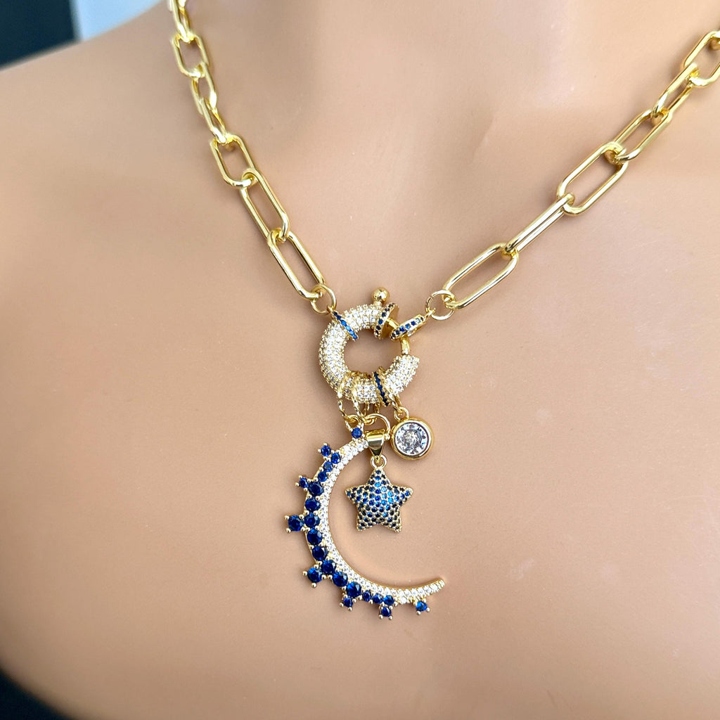 Gold Charm Necklace- CZ Mariner Clasp -Multiple Celestial Charms-Blue CZ Stones