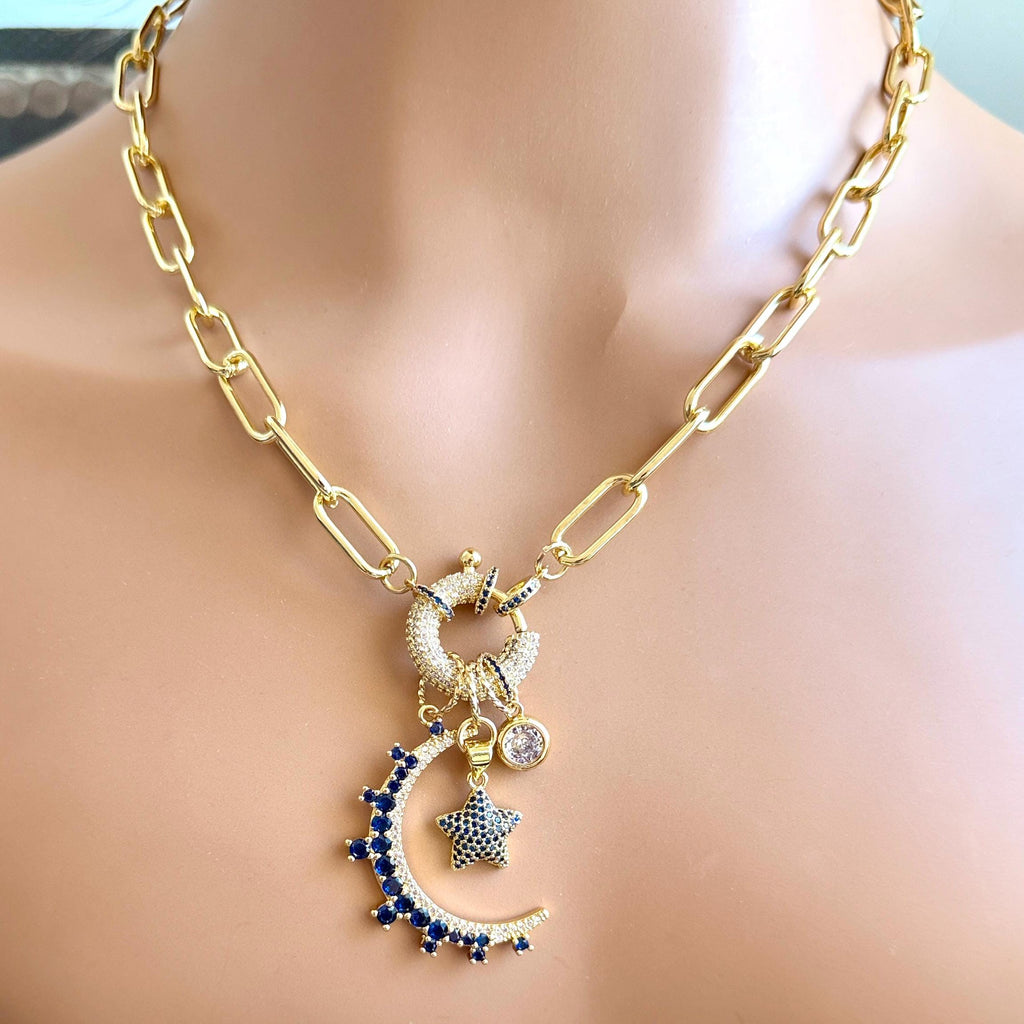 Gold Charm Necklace- CZ Mariner Clasp -Multiple Celestial Charms-Blue CZ Stones