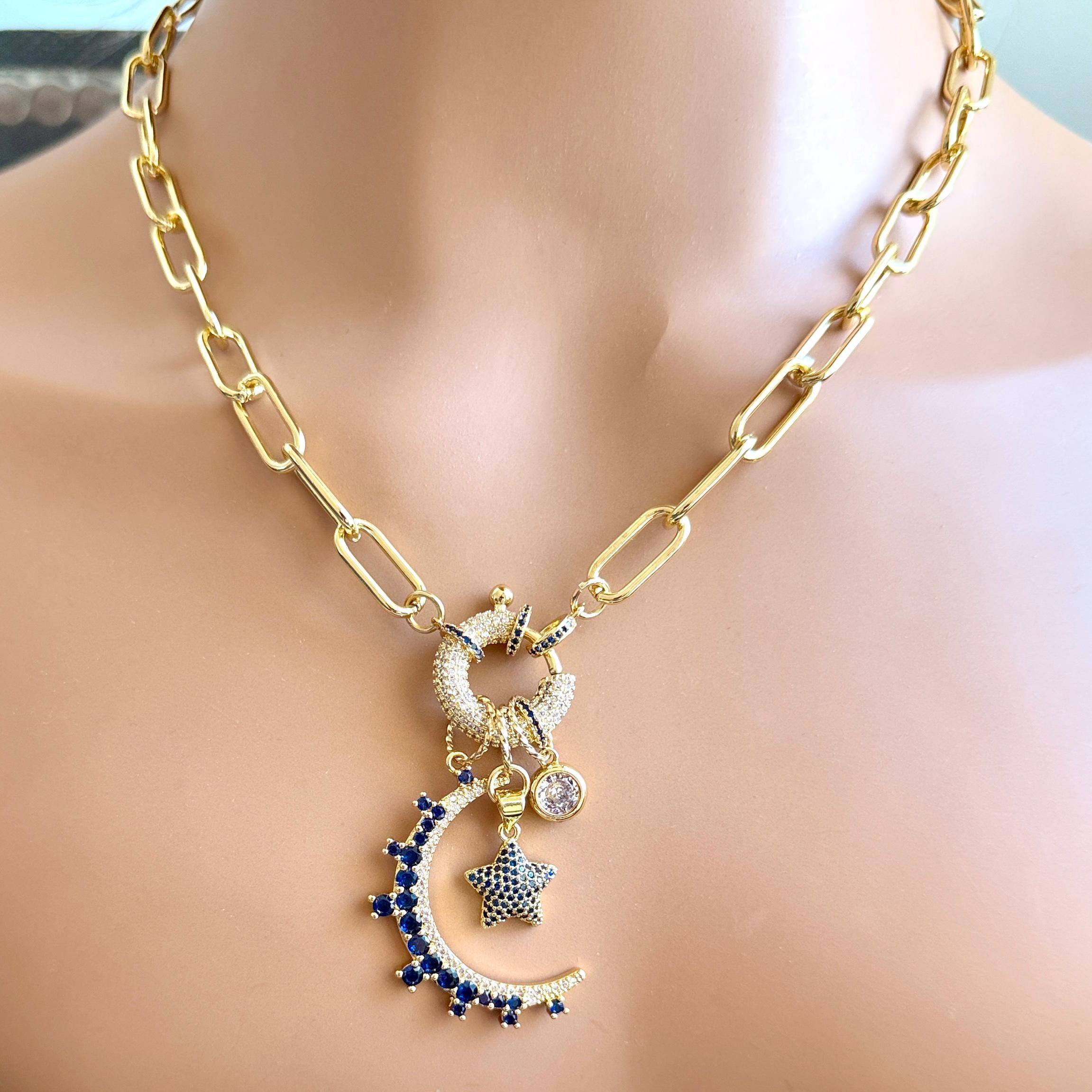 Gold Charm Necklace- CZ Mariner Clasp -Multiple Celestial Charms-Blue CZ Stones