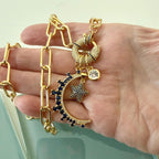 Gold Charm Necklace- CZ Mariner Clasp -Multiple Celestial Charms-Blue CZ Stones