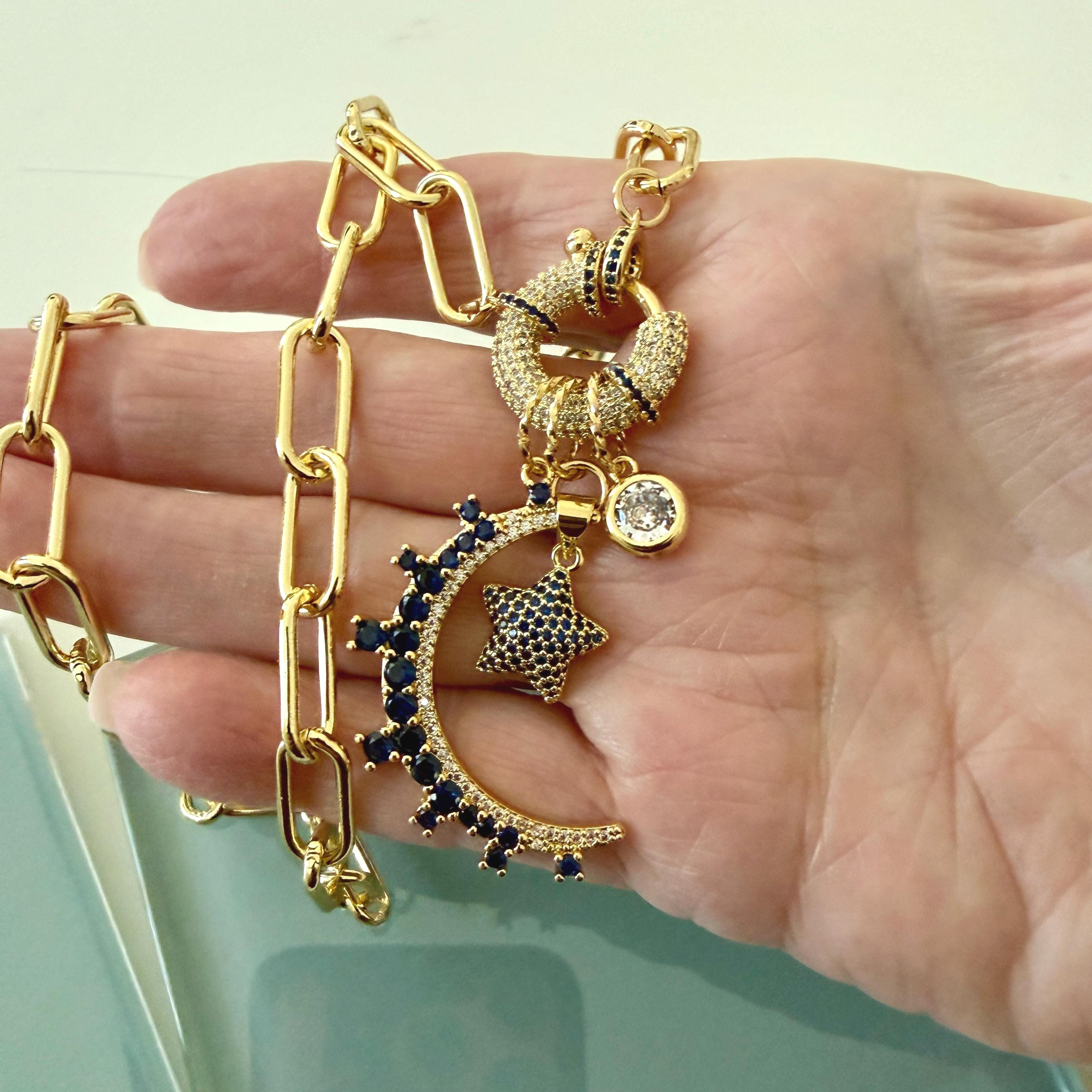 Gold Charm Necklace- CZ Mariner Clasp -Multiple Celestial Charms-Blue CZ Stones