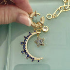Gold Charm Necklace- CZ Mariner Clasp -Multiple Celestial Charms-Blue CZ Stones