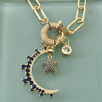 Gold Charm Necklace- CZ Mariner Clasp -Multiple Celestial Charms-Blue CZ Stones