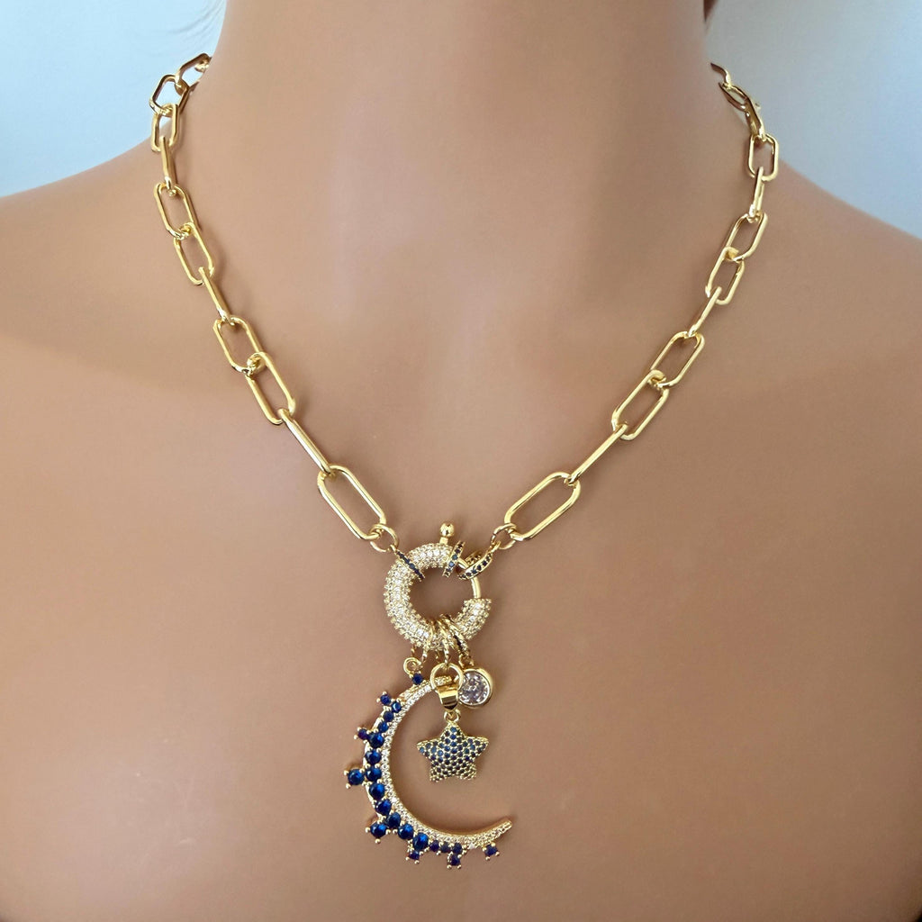 Gold Charm Necklace- CZ Mariner Clasp -Multiple Celestial Charms-Blue CZ Stones