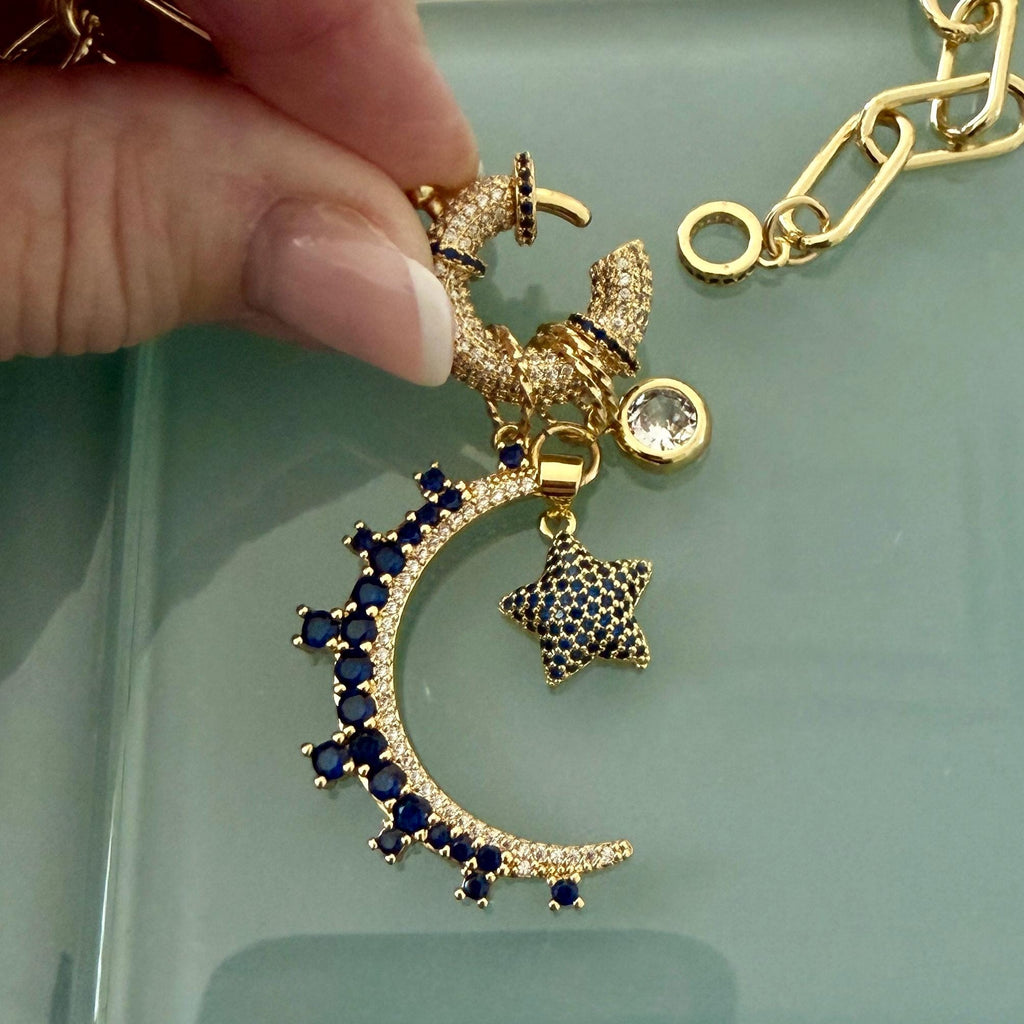 Gold Charm Necklace- CZ Mariner Clasp -Multiple Celestial Charms-Blue CZ Stones