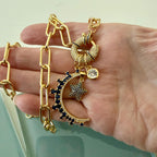 Gold Charm Necklace- CZ Mariner Clasp -Multiple Celestial Charms-Blue CZ Stones