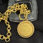 Chunky Gold Chain Necklace -Gold Shield Coin Pendant With Pearl Bezel-Handmade