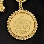 Chunky Gold Chain Necklace -Gold Shield Coin Pendant With Pearl Bezel-Handmade