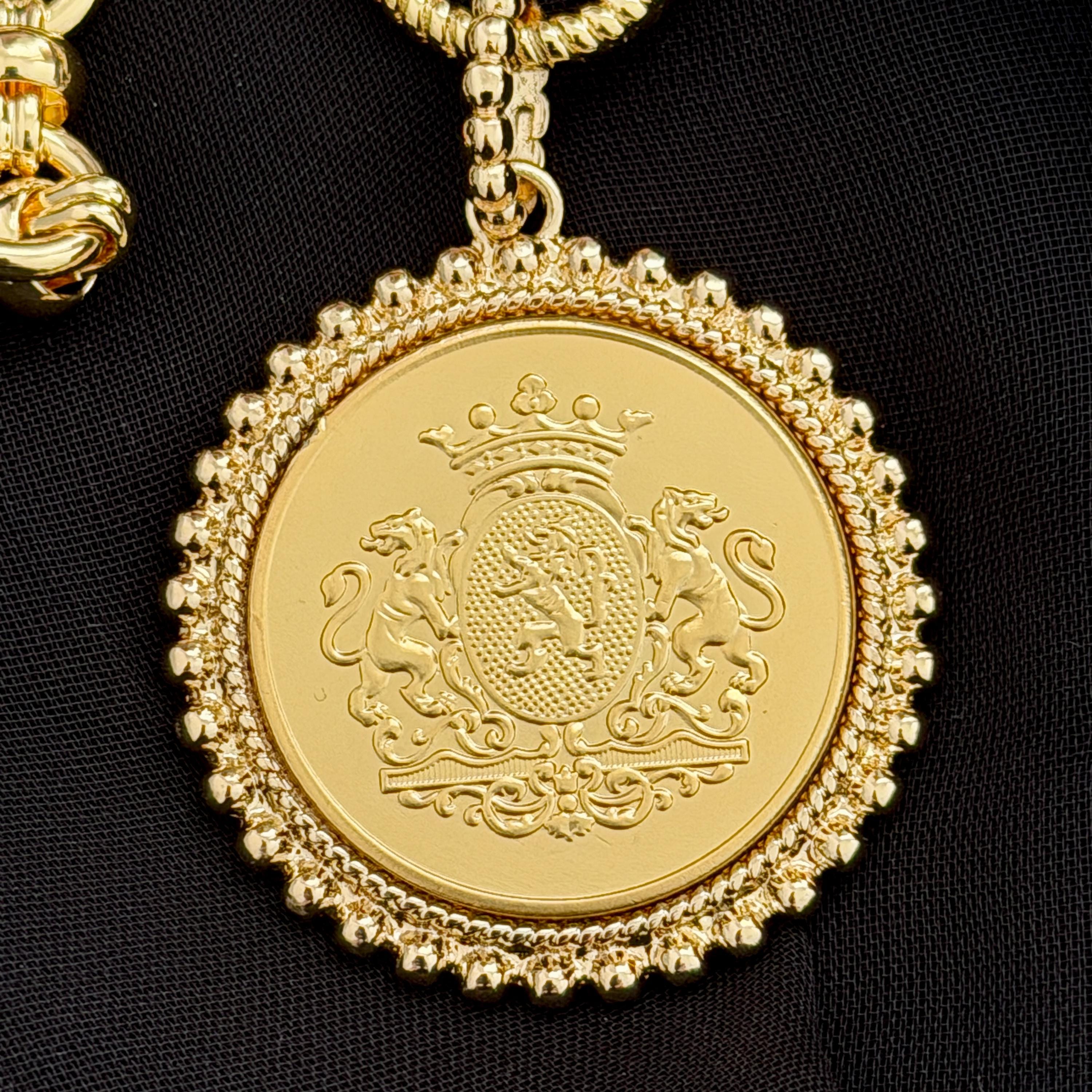Chunky Gold Chain Necklace -Gold Shield Coin Pendant With Pearl Bezel-Handmade