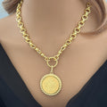 Chunky Gold Chain Necklace -Gold Shield Coin Pendant With Pearl Bezel-Handmade