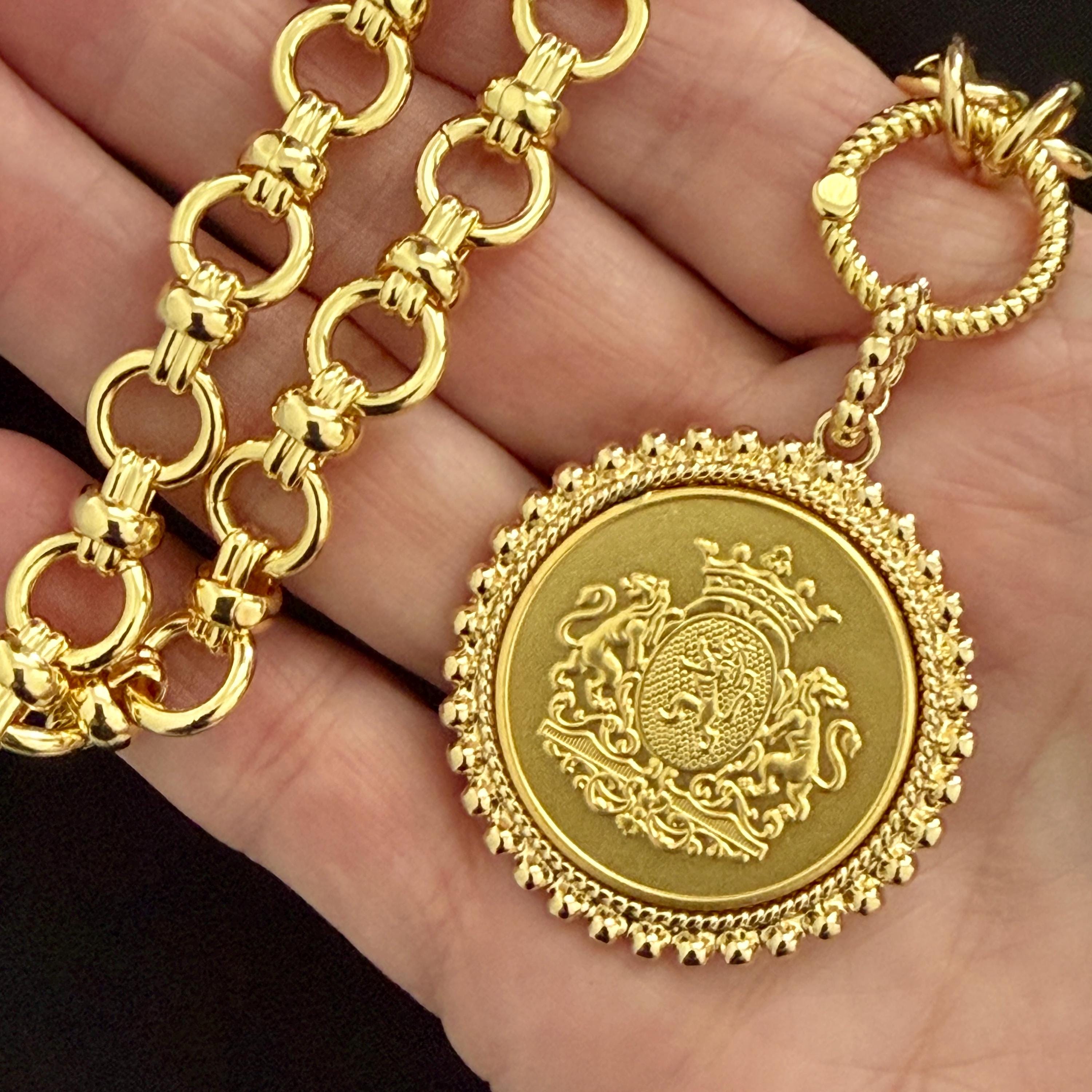 Chunky Gold Chain Necklace -Gold Shield Coin Pendant With Pearl Bezel-Handmade