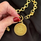 Chunky Gold Chain Necklace -Gold Shield Coin Pendant With Pearl Bezel-Handmade
