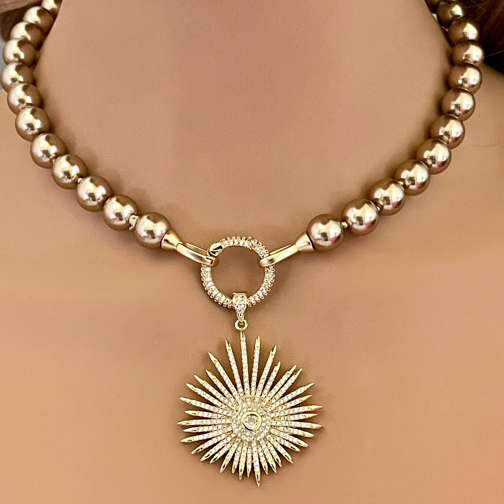Gold/Bronze Pearl Necklace – Gold Micro Pave Sunburst Pendant- 18ins-Gift For Her