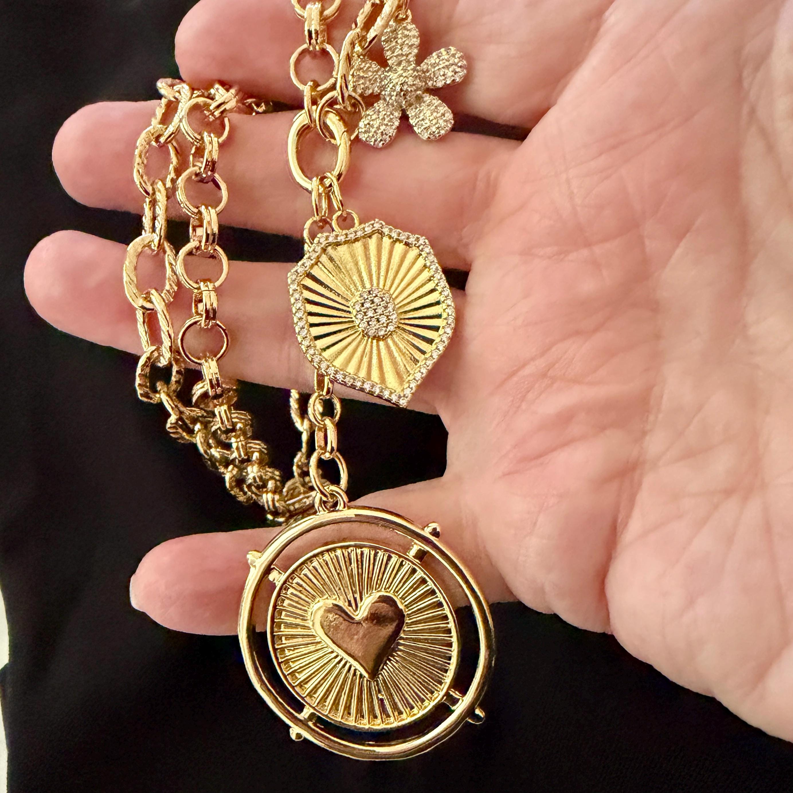 Gold Charm Necklace: Unique Chains-Gold And Micro Pave Charms- Micro Pave Cross Pendant Necklace