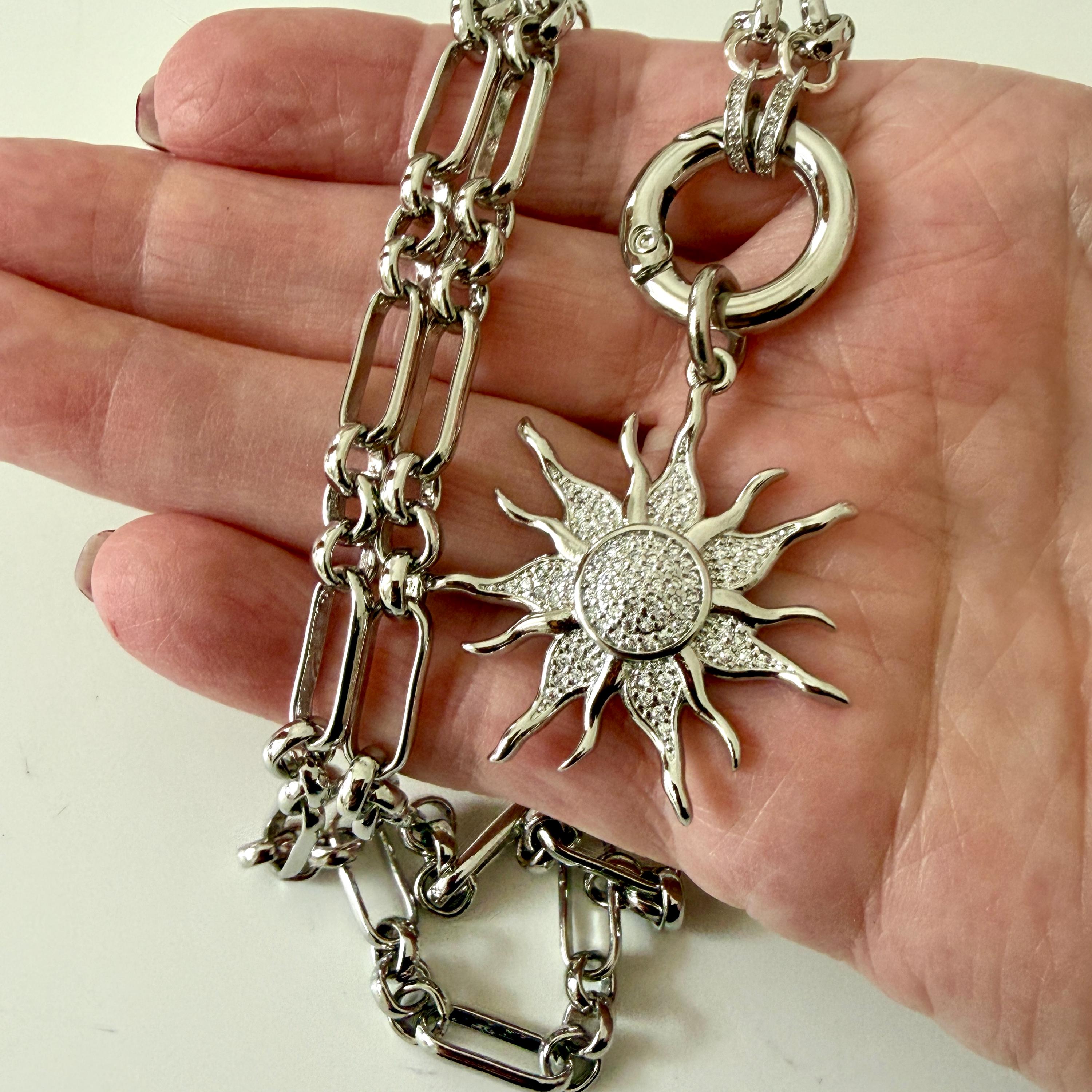 Silver Multi-Link Chain Necklace - Sun Burst Micro Pave Pendant-Spring Lock Clasp