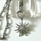 Silver Multi-Link Chain Necklace - Sun Burst Micro Pave Pendant-Spring Lock Clasp