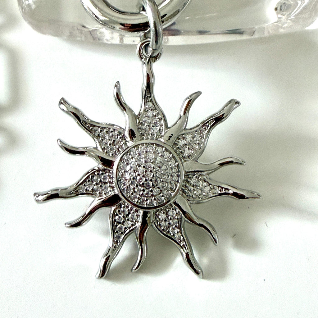 Silver Multi-Link Chain Necklace - Sun Burst Micro Pave Pendant-Spring Lock Clasp