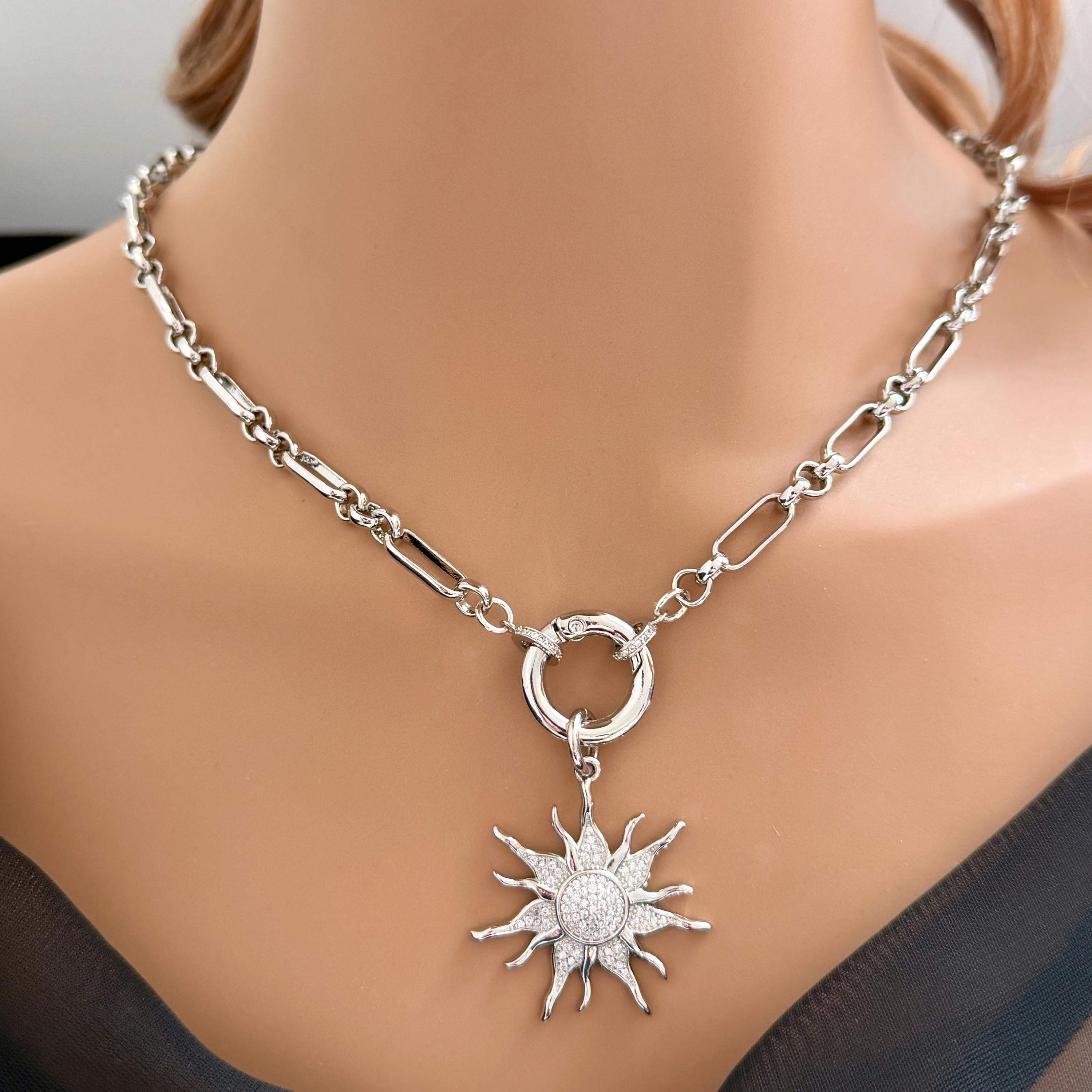 Silver Multi-Link Chain Necklace - Sun Burst Micro Pave Pendant-Spring Lock Clasp